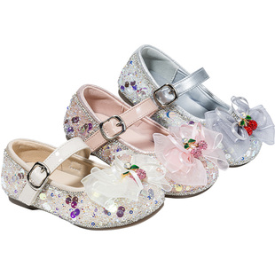 英贝米尼女童皮鞋2026春季新款水晶樱桃公主鞋亮片时尚女宝小孩鞋