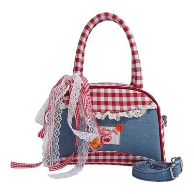 小众牛仔蝴蝶结格子保龄球手提包