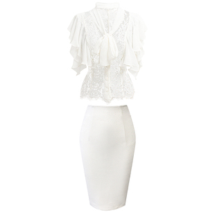 THE SWAN司凰轻奢 温柔姐姐 雪纺荷叶边V领系带蕾丝衫朦胧感上衣