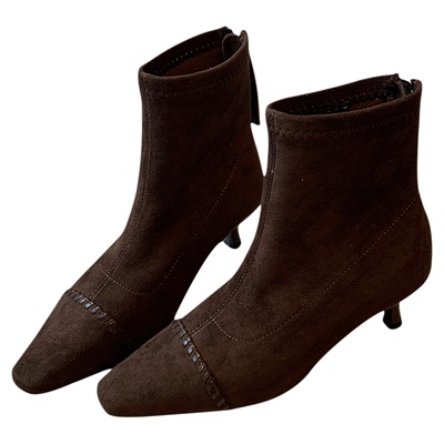 气质绒面尖头细跟中跟短靴