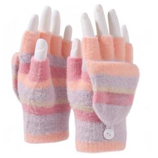 卡蒙儿童彩虹条纹加绒保暖写字学习手套秋冬中小童可爱防寒半指