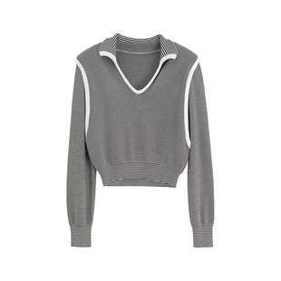 【商场同款】X--MOOM春秋新款小V领设计感上衣条纹长袖针织衫女