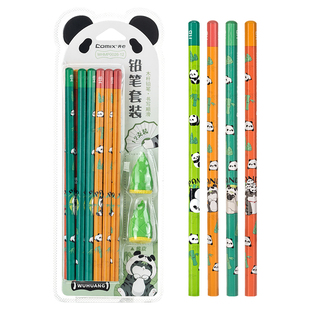 齐心comix吾皇猫铅笔套装儿童卡通熊猫六角杆HB铅笔带橡皮书写绘画安全无铅毒二年级小学生专用石墨笔12支装