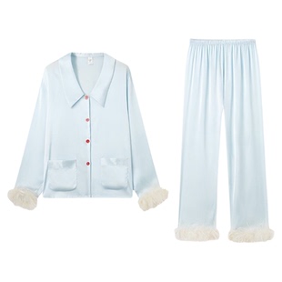 真丝睡衣女款2025新款宫廷风羽毛袖口长袖丝滑凉爽家居服套装