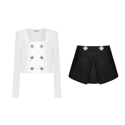 Maison Wester秋季钟欣潼同款官方白色西装压褶钻扣短裤套装