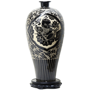 磁州窑梅瓶摆件家居黑釉刻花陶瓷花瓶童子抱鱼手工拉坯邯郸礼品