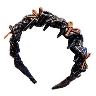 韩版东大门新款森系藏青格子闪钻蝴蝶结防滑发箍女高颅顶百搭发卡