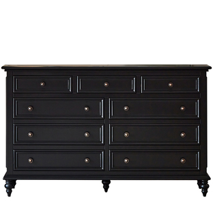 美式实木九斗柜黑色法式复古客厅边柜卧室床尾靠墙窄收纳抽屉柜子