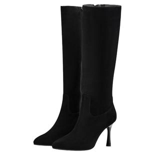 KISSCAT接吻猫新款尖头高跟靴真皮骑士靴黑色靴子女长筒靴