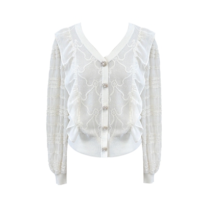 BeQueenStory白V领原创通勤拼接刺绣荷叶边针织雪纺衫衬衫上衣