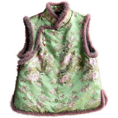 云澍织锦缎新中式貂毛加棉马甲