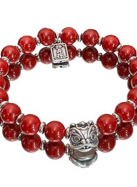 【百福狮】天然高含量朱砂本命年手串999银醒狮手链开运马年送礼