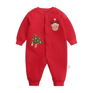 齐齐熊宝宝夹棉连体衣新生儿睡衣拜年服满月婴儿圣诞哈衣冬装衣服