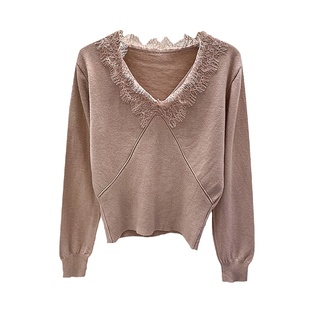 2023秋冬白色V领蕾丝软糯风羊绒针织衫女加厚毛衣宽松打底衫上衣