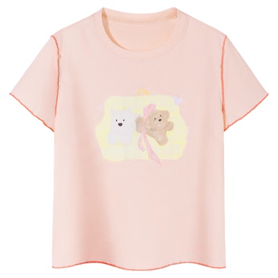 PSO Brand女装莱赛尔可爱小狗撞色圆领短袖t恤女修身半袖上衣夏季