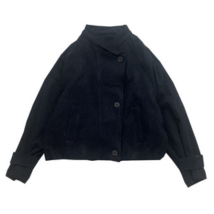 冬季女新款宽松立领插肩袖纽扣呢料棉服时尚休闲短款棉衣女藏青色