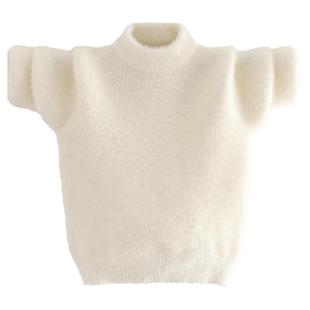 儿童圆领秋冬季毛衣男女中大童宝宝加厚水貂绒针织打底衫纯色白色