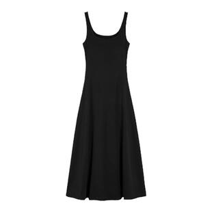 pusumede 黑色带胸垫针织背心连衣裙女无袖a字吊带裙收腰气质长裙