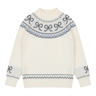 爱法贝新款复古费尔岛提花圆领针织衫女童秋冬新款米色毛衣高级感