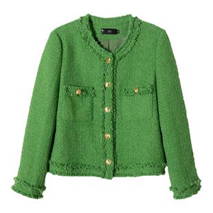 白鹿语小香绿色短外套2025春款复古圆领毛须边宽松通勤减龄上衣女