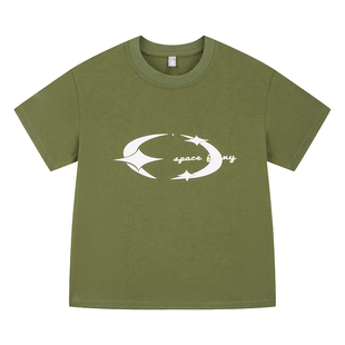 珍妮美式小众橄榄绿短袖正肩t恤女短款复古修身显瘦chic上衣甜辣