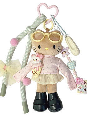 甜美可爱粉色波点上衣黑皮长腿HelloKitty包挂件Kitty猫玩偶挂链