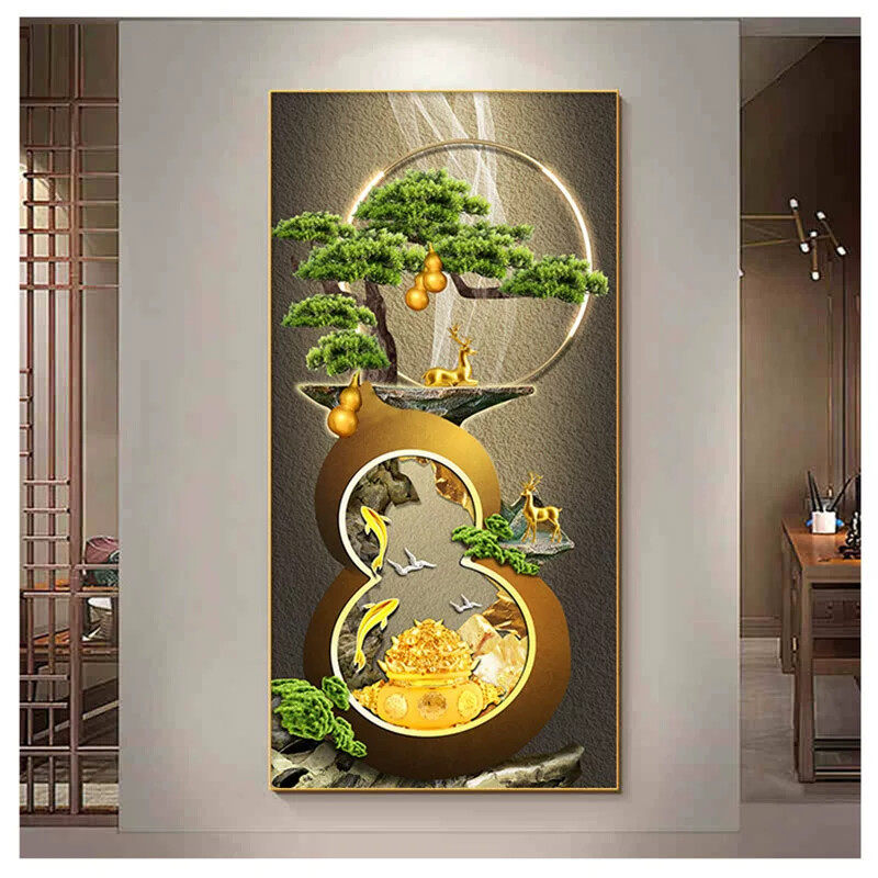 葫芦玄关装饰画福禄入户进门走廊现代简约挂画竖版有框大气壁画