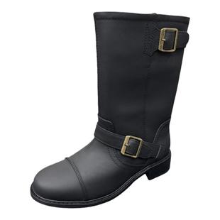 韩国HOWUS 2023款新款真皮宽筒复古马丁靴女低跟牛皮中筒骑士靴女