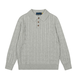 RL刺绣老钱风美式复古绞花翻领毛衣男正肩秋冬针织厚款麻花POLO衫