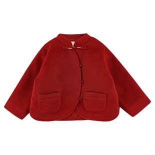 幼悠女童2025冬季新款中式盘扣短款外套红色保暖小女孩可爱拜年服