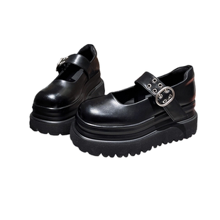 真皮版~一字玛丽珍厚底松糕超高跟小皮鞋小个子乐福鞋单鞋7cm女鞋