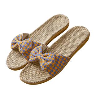 亚麻拖鞋女夏家居情侣四季木地板室内软底防滑家用格子布凉拖鞋男