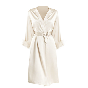 春夏高级感真丝性感睡袍女鸵鸟毛长袖白色桑蚕丝新娘晨袍高端礼物