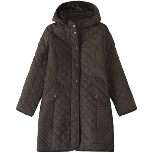 日单秋冬新款休闲百搭可脱卸连帽加绒绗线中长款棉衣棉服女24601