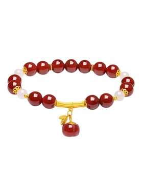 周六福竹节玛瑙手串女S925银手链手饰小众百搭圣诞礼物送女友