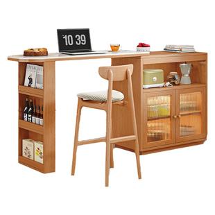 实木吧台桌伸缩阳台休闲小吧台家用餐边柜一体樱桃木色橱柜隔断柜