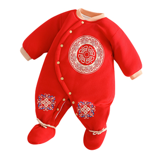 婴儿拜冬年服喜庆红色连体衣a类纯棉男宝宝过年衣服厚款包脚冬装
