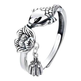 925银戒指女复古锦鲤莲花活口指环精致时尚个性民族风中食指戒男