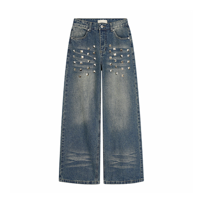F383水洗铆钉阔腿牛仔裤