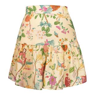 JUNGLE ME夏季杏黄色高腰复古插画印花橡筋腰碎褶甜美短款半身裙