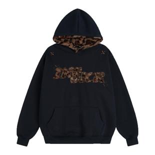 【INSKR】国潮美式复古「豹纹贴布绣连帽卫衣」宽松加绒连帽衫男