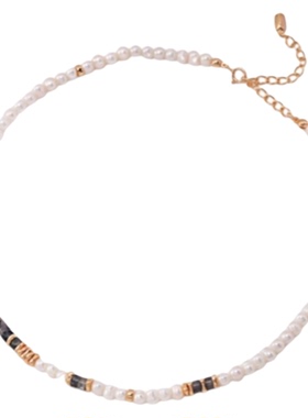 高级感简约黑色闪光石天然珍珠项链女大气复古锁骨链小众串珠颈饰