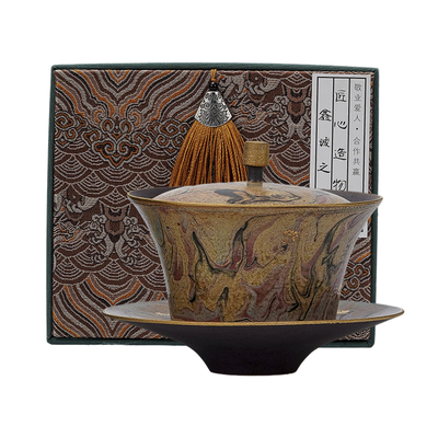 敦煌油画纯手绘三才盖碗茶杯