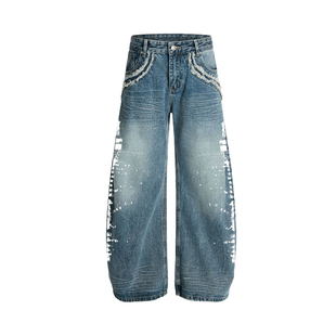 梁拌泡菜美式复古毛边弯刀牛仔裤男女斑驳涂鸦宽松阔腿设计感长裤