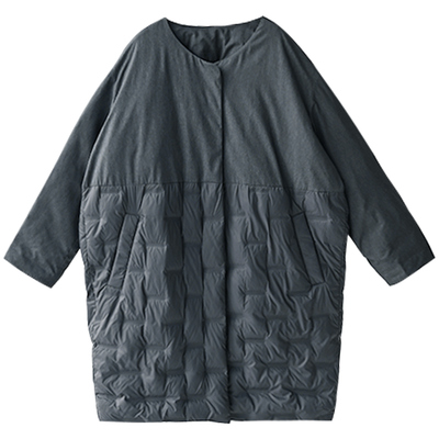 拼接压格吸扣中长薄款茧型羽绒服