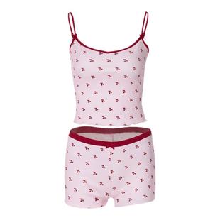 shemoda欧美ins风碎花时尚套装女 花边吊带背心女+休闲短裤两件套