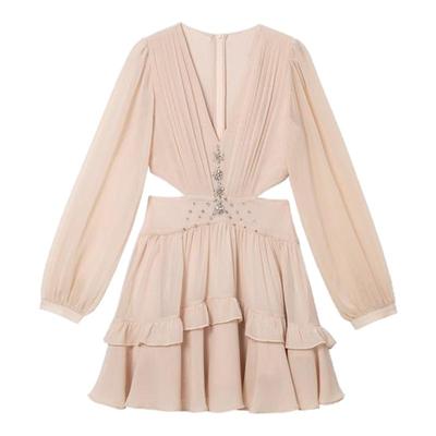 AZZHEN【雾里织梦】 雪纺花朵钻饰设计感镂空露腰长袖连衣裙女