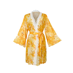 性感深V系带黄色小妈风睡袍女蕾丝拼接印花深V透视网纱外袍家居服