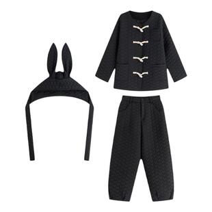 Lapaki Paka 黑色爱心绗缝牛角扣棉服+绗棉九分休闲裤+温暖兔兔帽
