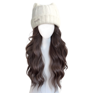帽子假发女一体2026新款时尚秋冬猫耳针织帽水波纹日常假发全头套